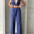 Crop pantolon keten takım s255012