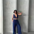 Crop pantolon keten takım s255012