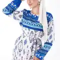 Düz Bisiklet Yaka Kadın Mavi Etnik Desenli Elbise