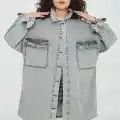 Düz Gömlek Yaka Kadın Gri Kuş Gözü Cepli Kot Ceket