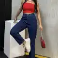 Düz Orta Kadın Mavi Slim Fit Mom pantolon