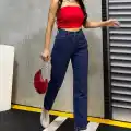 Düz Orta Kadın Mavi Slim Fit Mom pantolon