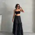Fırfırlı brodeli astarlı uzun etek siyah s255047