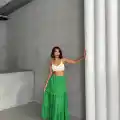 Fırfırlı brodeli astarlı uzun etek yeşil s255047