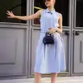 Gömlek yaka kemerli elbise mavi s255061