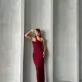 Krinkıl tek omuz uzun elbise bordo s25455