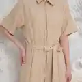 Kuşaklı gömlek yaka salaş tulum bej s255822