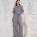 Kuşaklı gömlek yaka salaş tulum gri s255822