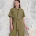 Kuşaklı gömlek yaka salaş tulum haki s255822