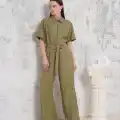 Kuşaklı gömlek yaka salaş tulum haki s255822