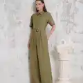 Kuşaklı gömlek yaka salaş tulum haki s255822
