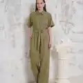Kuşaklı gömlek yaka salaş tulum haki s255822