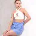 Kuşaklı keten şort mavi s255265