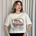 Oversize Beyaz baskılı crop tişört