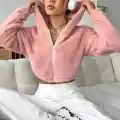 Peluş ceket kapşonlu pudra
