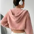 Peluş ceket kapşonlu pudra