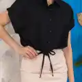Sıfır kollu bağlamalı crop gömlek siyah s255359