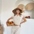 Uzun etekli bluz takım keten krem s255852