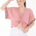 V yaka büzgülü detaylı bluz