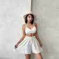 Volanlı keten şort bej s255058