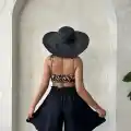 Volanlı keten şort siyah s255058