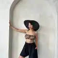 Volanlı keten şort siyah s255058