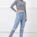 Yüksek bel yırtmaçlı mom jean pantolon
