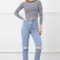 Yüksek bel yırtmaçlı mom jean pantolon