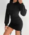 3 iplik şardonlu kompact kapşonlu elbise siyah