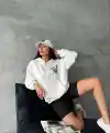 3 iplik şardonlu oversize compact kafa baskılı sweat beyaz