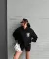 3 iplik şardonlu oversize compact kafa baskılı sweat siyah