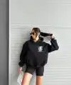 3 iplik şardonlu oversize compact kafa baskılı sweat siyah