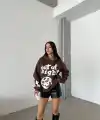 3 iplik şardonlu oversize compact out of baskılı sweat kahve