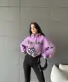 3 iplik şardonlu oversize compact true baskılı sweat mor