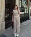 Crop pantolon biyeli takım bej
