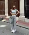 Crop pantolon biyeli takım gri