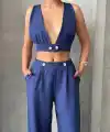 Crop pantolon keten takım s255012