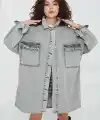 Düz Gömlek Yaka Kadın Gri Kuş Gözü Cepli Kot Ceket