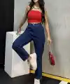 Düz Orta Kadın Mavi Slim Fit Mom pantolon