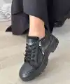 Elwa Siyah Cilt Bağcıklı Spor Ayakkabı