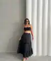 Fırfırlı brodeli astarlı uzun etek siyah s255047