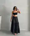 Fırfırlı brodeli astarlı uzun etek siyah s255047