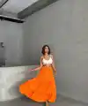 Fırfırlı brodeli astarlı uzun etek turuncu s255047