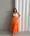 Fırfırlı brodeli astarlı uzun etek turuncu s255047
