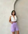 Kemerli gabardin şort lila s25735