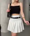 Kemerli piliseli şort etek beyaz s25305