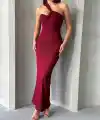 Krinkıl tek omuz uzun elbise bordo s25455