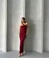 Krinkıl tek omuz uzun elbise bordo s25455