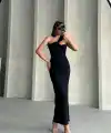 Krinkıl tek omuz uzun elbise siyah s25455