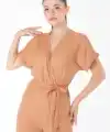 Kruvaze Yaka Kadın Vizon Kuşaklı Tulum